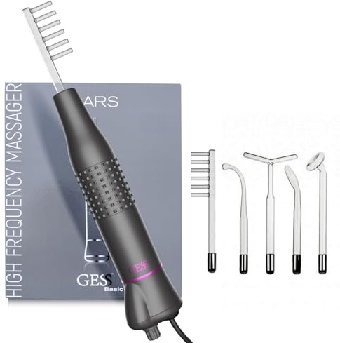 GESS Darsonval 5 in 1 - Asta ad alta frequenza per Capelli e Viso, Gas Argon e Gas Neon, Rimozione dell'Acne, Prevenzione della caduta dei capelli, Rafforzamento della pelle, High Frequency Wand