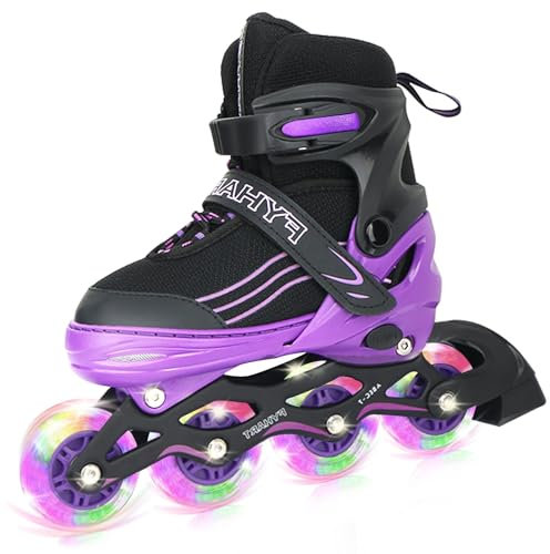 MGYZM Inliner für Kinder, größenverstellbare Inline Skates für Kinder, Erwachsene Mädchen und Jungen Inline Skates, Rollschuhe für Drinnen und Draußen (Schwarz und Violett, Medium(34-37 EU))