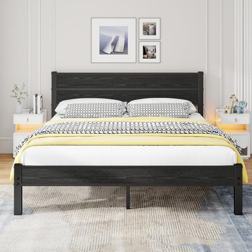 DUMEE King Size Bed Frame with Wooden Headboard Bed Frames King Size Under Bed Storage, No Box Spring Needed, Enhanced Support (Black Oak)