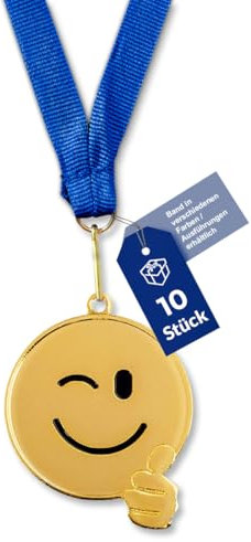 Pokal-Fabrik.de - Smiley Daumen hoch Medaillen Kinder Set - 10er Set in Gold aus Metall zum Kindergeburtstag - Bandfarbe nach Wahl - optional mit Wunschtext - für Turniere & Vereine