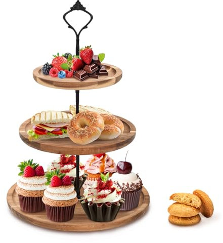 BSDLZCH 3 Tier Cake Stand Acacia Wooden Cupcake Stand, Afternoon Tea Serving Plate, Can be Used as 3 Tier, 2 Tier & Single Tier Stand As Your Need, fit Wedding Birthday Graduation Afternoon Tea Party