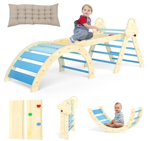 Puecrof 7-in-1 Montessori Climbing Triangle with Cushion - Wooden Climbing Toy for Toddlers 1-3 Years - Indoor Climbing Arch with Slide, Ladder & Play Arch (Blue)