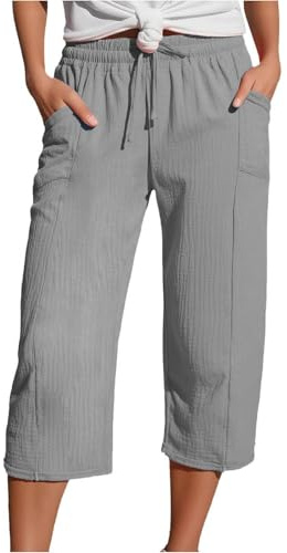 Yolimok Womens Cropped Trousers Elasticated High Waist Relax Fit Cotton Linen Ladies 3/4 Length Straight Wide Leg Trousers Casual Everyday Soft Lightweight Plain Three Quarter Pants Gray