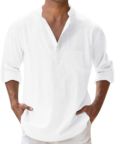 Camisa de Lino de algodón de Manga Larga para Hombre Camisa con Botones Camiseta Lisa Casual Camiseta de Hombre para Playa Hippie Tops Holgados de Tallas Grandes