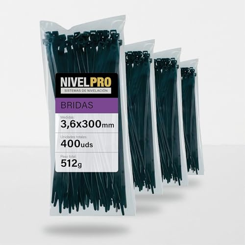 NIVELPRO Bridas de Plástico 3,6 x 300 mm, 400 Unidades, Bridas Negras Resistentes Interior y Exterior, Nylon, Cierre Autoblocante, Sujetacables y Abrazaderas