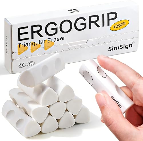 SimSign Ergonomic Rubber Eraser, Pencil Eraser Multipack, Clean Erasing Low Residue Rubber Eraser for Kids School Office Stationery Supplies, Pack of 10, White