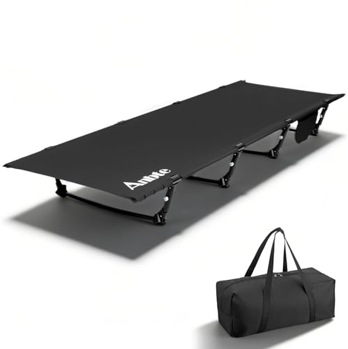 Anbte Ultralight Folding Camping Cot, 125 kg Capacity Portable Camping Cot Comfortable Folding Bed with Storage Bag & Side Pocket, Lightweight, for Outdoor Travel Tent Indoor Emergency Bed, Black