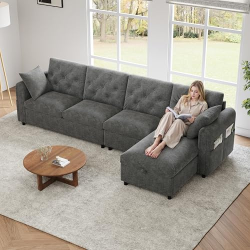 Yihomfy 281cm Canapé d'angle Convertible avec sièges de Rangement et Poches accoudoirs, Canapé Convertible avec Dos de Bouton,Canapé 3 Places en L, pour Salon (Gris-2G)