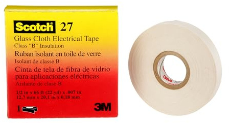 3M Glass Cloth Electrical Tape 27, ½ in x 66 ft, 1 Roll, Non-Corrosive Adhesive, Pressure Sensitive, High Temperature, Corrosion Protection, 7-mil Woven