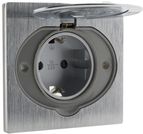 Zenitech, 16 A IP44 Schuko-Bodensteckdose aus gebürstetem Aluminium mit Schutzabdeckung, Ø 67 mm Unterputzdose aus mehreren Materialien, automatische Verdrahtung, Schraubbefestigung