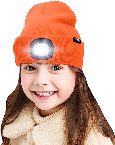 ATNKE Kids LED beleuchtete Mütze mit Licht, USB Wiederaufladbare 4 LED Scheinwerfer wasserdichte Winterwärmer Strick Nachthüte mit leichten Jungen Mädchen/Orange