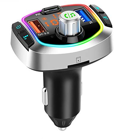 Bluetooth FM-sändare, Riloer universell billjudsadapter med QC3.0 snabbladdande USB-port, handsfree-samtal, billaddare, MP3-musikspelare, atmosfäriskt ljus