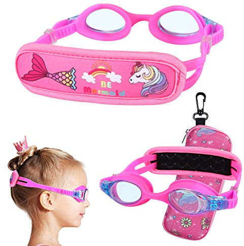 RUIGAO Toddler Swim Goggles Age 2-5, Toddler Goggles No Hair Pull Strap, Kids swimming goggles with Case (Pink Mermaid)