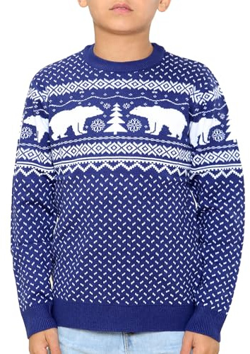 NOROZE Boys Girls Unisex Children Kids Merry Christmas Dinosaur Tree Hat Reindeer Snowflake Pom Polar Bear Dino Roar Mas Knitted Novelty Ugly Xmas Jumpers Sweater (9-10 Years, Polar Bear Navy)