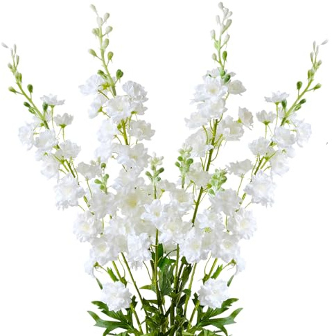 ZYTUYO 4PCS 33.5'' White Delphinium Artificial Flower Faux Larkspur Long Stem Fake Floral Silk Bouquets Plant for Tall Floor Vase Spring Home Kitchen Wedding Outdoor Indoor Decoration