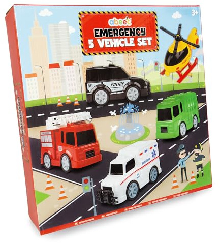 AbeeC Emergency Vehicles Set - Ambulance, Fire Engine, Police Car, Helicopter & Bin Lorry - Kids Birthday Present - Emergency Services Toys