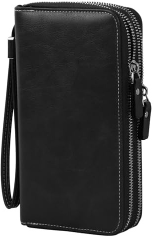Wisebom Leder Geldbörse Große Vintage - Portemonnaie mit 14 Kartenfächer RFID Schutz, 2 Reißverschluss und Handschlaufe Unisex (Schwarz)
