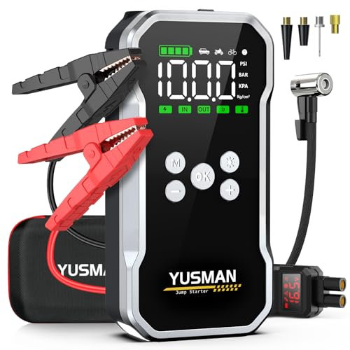 YUSMAN Avviatore Batteria Auto - 7000A, Booster Avviatore Auto con Compressore 150PSI (per 12V 10.0L GAS e 8.0L DIESEL), Jump Starter 5V/3A, Avviatore Emergenza USB, LED,Starter Batteria LCD