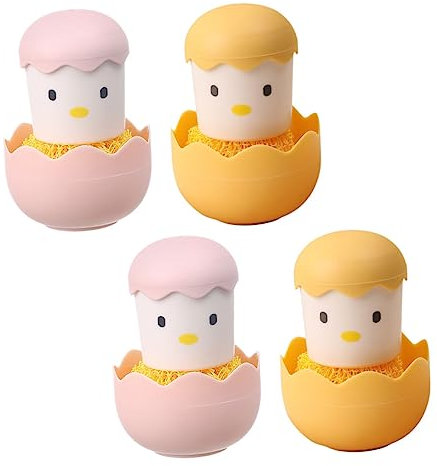 minkissy 4pcs Cartoon Chicken Cleaning Brushes Handle Flexible Non-scratch Design for Kitchen and Restaurant Use for Dishware Pots and Pans Yellow and Colors