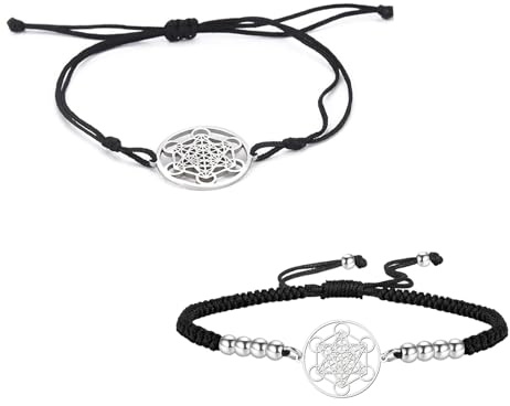 UNIFT Bracciale a cubo di Metatron per donne e uomini, in acciaio inossidabile, stile geometrico cavo, con ciondolo sigillo angelico, cerchio, stella di David, amuleto a doppio cordino, gioielli