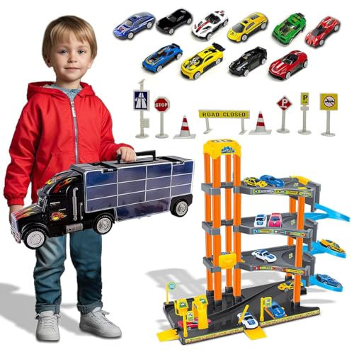 Xwin Sportseries 4-Storey Parking Garage Playset with Truck Carrier, Includes 10 Cars, Spiral Ramps, Lift, Service Station for Kids Ages 3 and Up