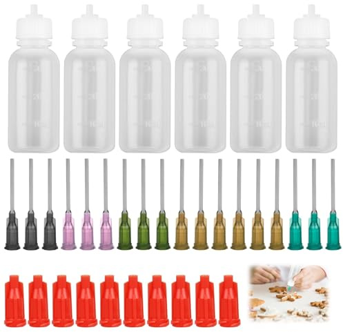 Set si 36 Bottiglie con Ago Multiuso, 6 Barattoli di Jeringa da 30 ml con 30 Punte per Bocca, per Lavori di Precisione, Quilling, Pittura e Progetti Creativi