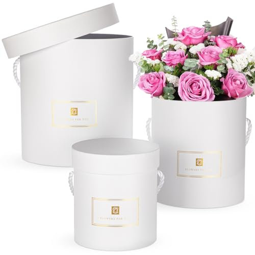 Oairse Set of 3 Round Gift Boxes with Lids and Handles White Flower Boxes for Arrangements, Decorative Hat Boxes for Gifts, Weddings, Bridesmaid, Party, Birthdays & Storage