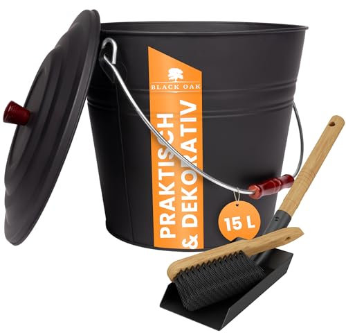 BLACK OAK Katla - Secchio per cenere da 15 l, con coperchio grande, 15 litri, in acciaio zincato a prova di fuoco, verniciato a polvere, cenere e carbone, accessorio ideale per stufa a legna