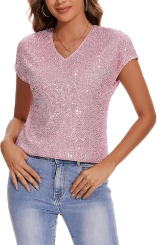 Kyzoeyou Women's Sparkle Sequin Tops Shimmer Glitter V Neck Party Top Short Cap Sleeve (Pink L)
