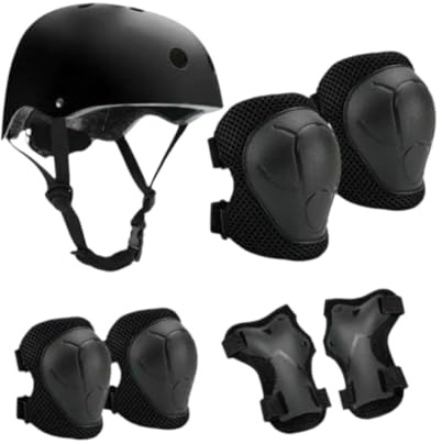 kowaku Juego de 7 Piezas de Protección para Casco de Bicicleta para Niños, Coderas, Rodilleras Y Casco de Monopatín para Deportes de Ciclismo, Negro