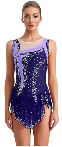 HULIJA Donna Pattinaggio Artistico Abito Strass Glitter Balletto Abito Danza Senza Maniche Colore Blocco Patchwork Body Con Gonna Avvolgente Competizione Danza