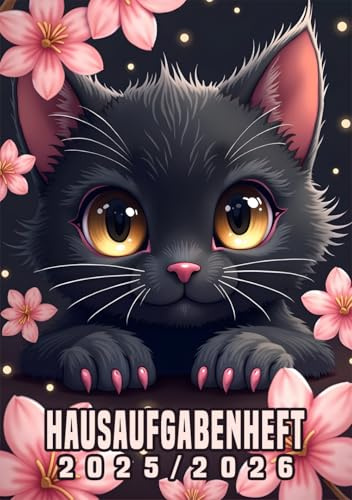 Hausaufgabenheft 2025/2026 mit Datum für Mädchen: Schülerkalender für Grundschule und Gymnasium, Schulplaner mit Schwarze Katze Motiv - Der Hausaufgabenplaner DIN A5