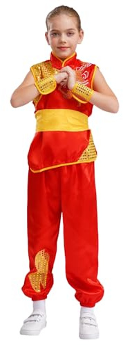 Kaerm Niños Chico Niña Kung Fu Trajes Tradicionales Wing Chun Taichi Uniforme Tops Pantalones Chino Tang Trajes Hanfu Artes Marciales Conjunto de Ropa, Rojo A., 158-164