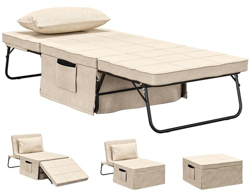 HOMCOM Sofá Cama de 1 Plaza 4 en 1, Sillón Cama Plegable, Otomana, Tapizado en Lino, con Respaldo Ajustable de 5 Niveles, Almohada Acolchada, para Oficina, Dormitorio, Salón, 75x80x74 cm, Crema