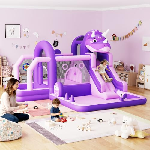 Casa gonfiabile dinosauro rimbalzante con scivolo e soffiatore d'aria, grande castello di salto in tessuto Oxford 382 × 375 × 254 cm, casa rimbalzante cucita durevole con rete di sicurezza per