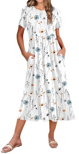 ZEAGOO Vestido Verano Manga Corta Medio-largo para Mujer Vestidos Holgado Cuello Redondo con Bolsillos Bohemio Elegante Vestido S-XXL