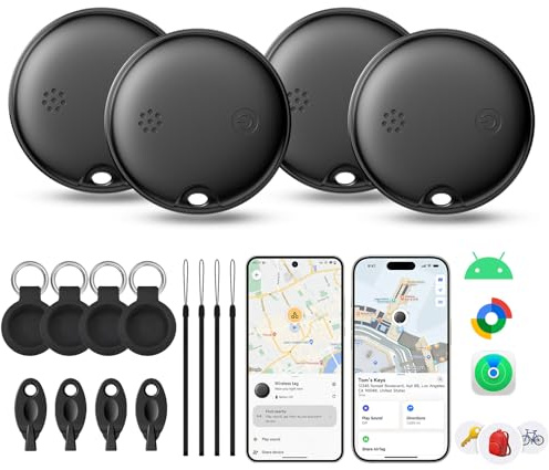 2026 Dual System Air Tracker 4 Pack, Bluetooth Item Locator Compatible with Apple Find My & Google Find Hub for iOS/Android, for Keys, Luggage, Suitcases (with 4 Silicone Cases + Straps + Tools)