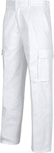 WORKTEAM Pantalón de Trabajo Multibolsillos, Corte Recto, Cintura Elástica, Tejido Resistente.Unisex Blanco 44