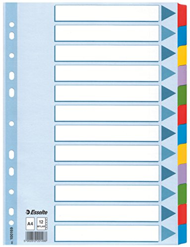 Esselte A4 12 Separadores Archivador, Azul/Multicolor, Cartón Rígido Reciclado, 12 Pestañas con Carátula de Índice, 100169