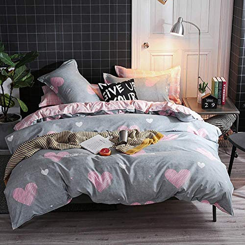 Lanqinglv Duvet Cover Set Double Bed Girls Pink Grey Heart Patterned Reversible Bedding Set Microfiber Quilt Cover Zipper Closure and 2 Pillowcases 50x75cm