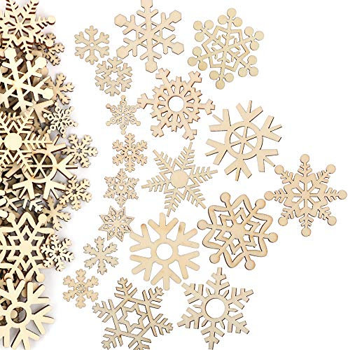 VINFUTUR 100 Stücke Weihnachtsdeko Schneeflocken Holzdeko 25mm 50mm Mini Schneeflocken Holzscheiben Streudeko für DIY Basteln Weihnachten Tischdeko Winterdeko