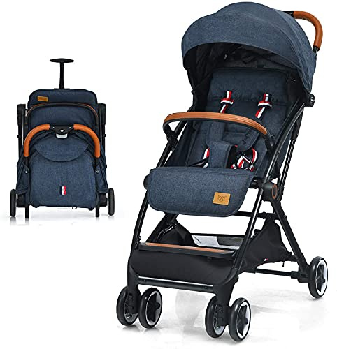 COSTWAY Lightweight Baby Stroller, One-Hand Foldable Infant Pushchair with 5-Point Harness, Adjustable Backrest/Footrest/Canopy, Compact Travel Buggy for 0-3 Years (Blue)