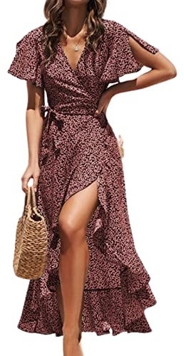 CUPSHE Women Summer Wrap Maxi Dress Casual Split Flared Sleeve V-Neck Ditsy Dress Tie Waist Ruffle Beach Dress Red L