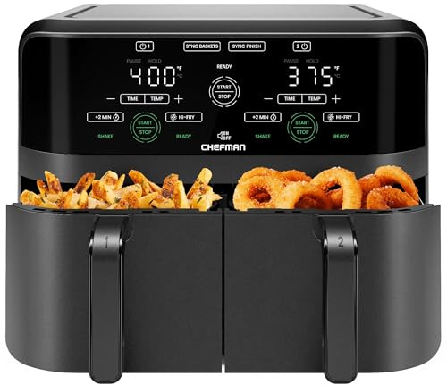Chefman 6 Quart Dual Basket Air Fryer - Digital Touchscreen, Smart Sync Finish, Hi-Fry, Auto Shutoff, 2 Independent 3QT Nonstick Dishwasher-Safe Frying Baskets - Digital Double Air Fryer - Black