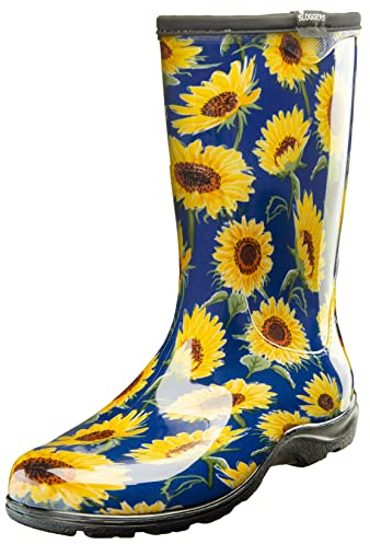 Sloggers Wasserdichte Garten-Regenstiefel für Damen – niedliche MidCalf Boots, Blau/Gelb, 39.5 EU
