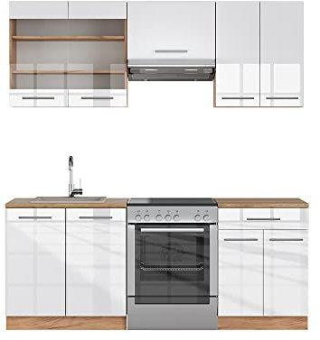 Vicco Küchenzeile Fame-Line, Weiß Hochglanz/Goldkraft Eiche, 200 cm ohne Arbeitsplatte