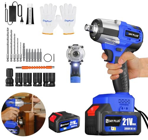Bürstenloser Akku Schlagschrauber 1/2 Zoll mit Akku 2 x 6.0Ah 21V und Schnellladegerät - 450 Nm Drehmoment, 4-26 mm Gewindedurchmesser, inkl.Bohrer-Bits/Steckschlüssel-Set/Schraubendreherbitsd