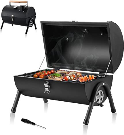 HaSteeL Bärbar kolgrill, liten hopfällbar utomhusgrill, mini svart grill med termometer, kompakt bordsgrill för camping, picknick, trädgård, uteplats, 116 kvadratmeter och skruvmejsel