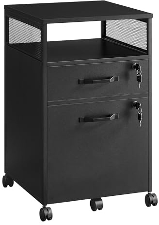 VASAGLE File Cabinet, Mobile Filing Cabinet with Wheels, 2 Lockable Drawers, Open Shelf, for A4, Letter Size, Hanging File Folders, Ink Black UOFC077B16