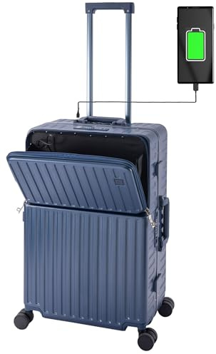 Travelhouse Roma Reisekoffer mit USB & Getränkehalter, Hartschale, Alu-Rahmen, Extrafach, 2xTSA, 65x40x25 cm, Blau